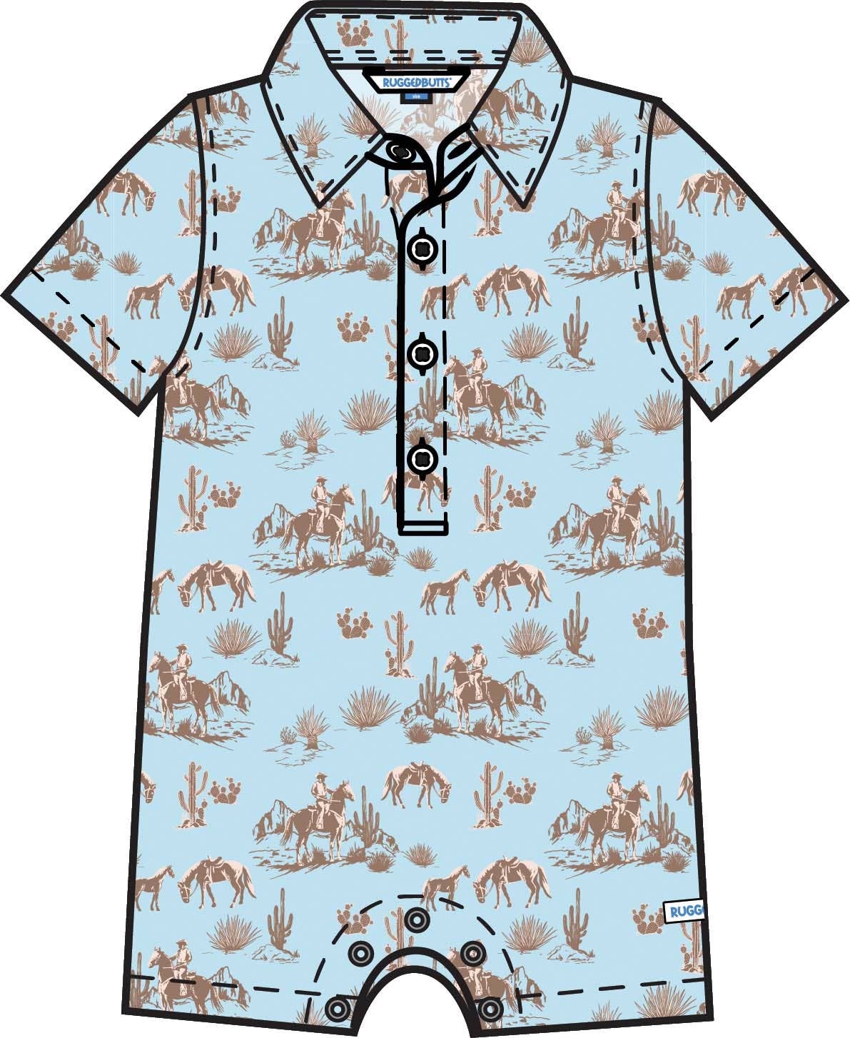 Baby Boys Blue Western Trail Toile Short Sleeve Woven Button-Up Romper