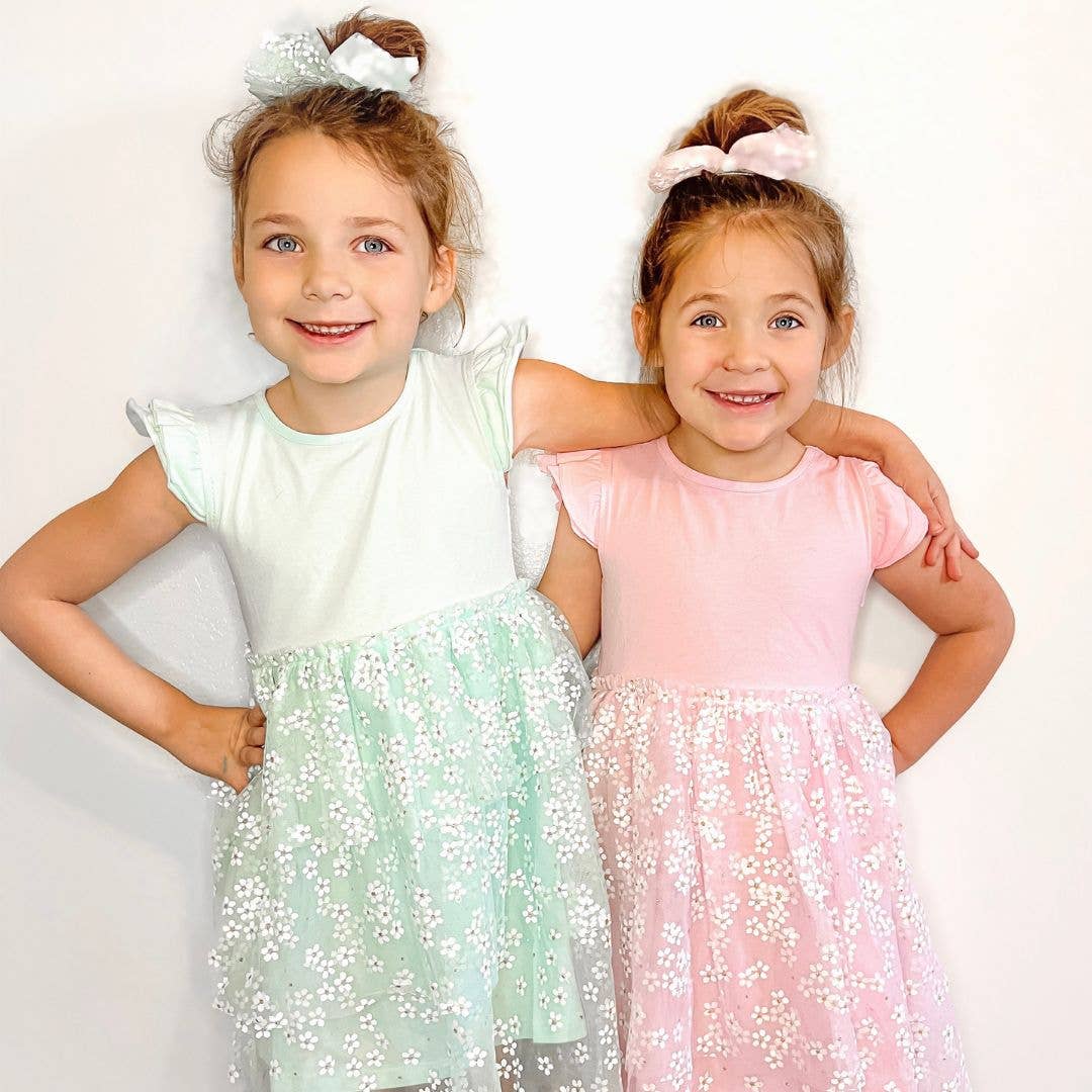 Aqua Ditsy Daisy Easter Tiered Short Sleeve Tutu Dress