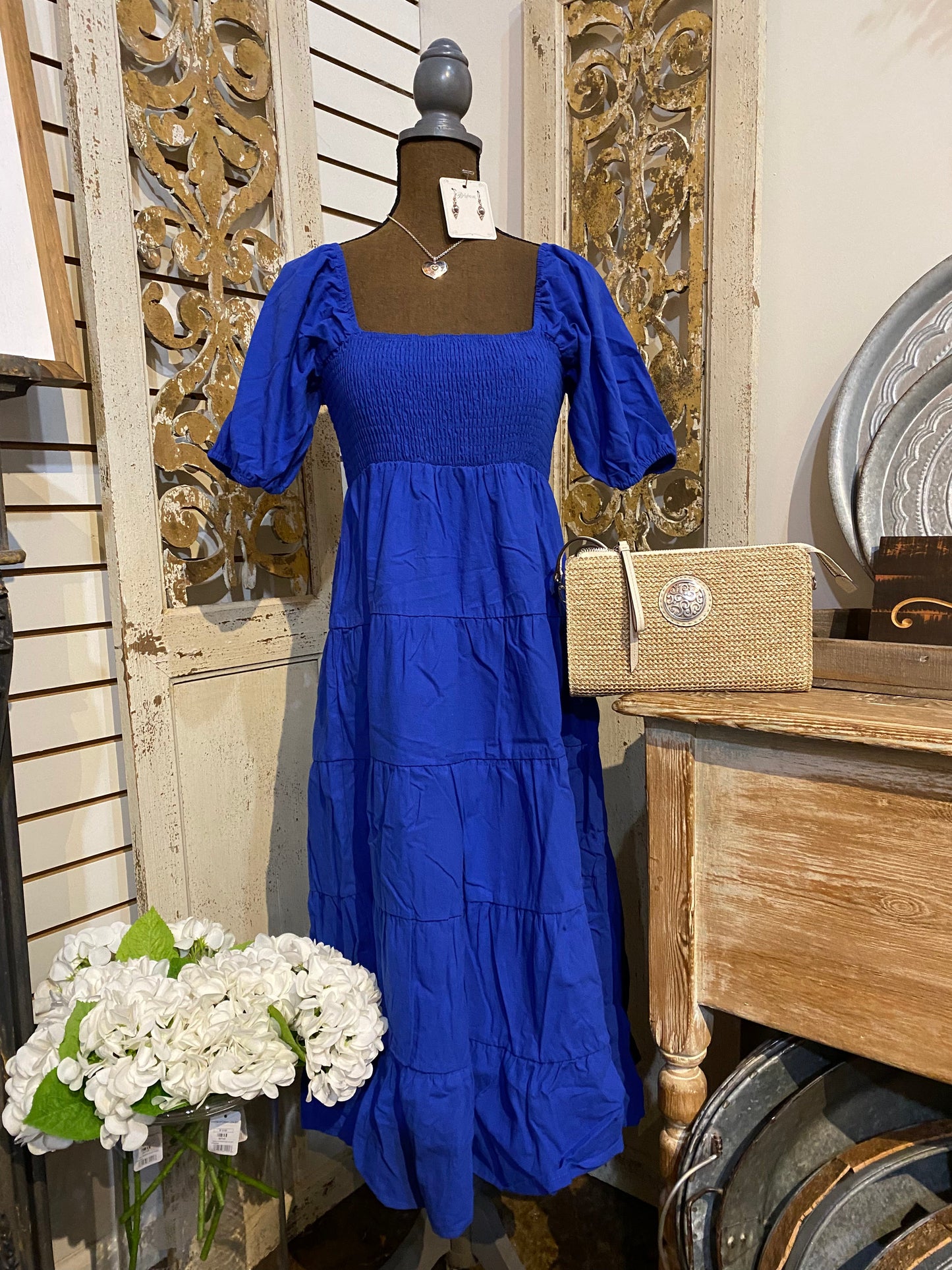 Blue Puff Sleeve Smocked Dress