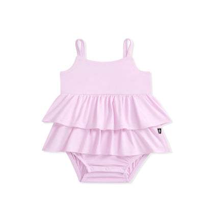 Spaghetti Strap Ruffle Romper in Thistle