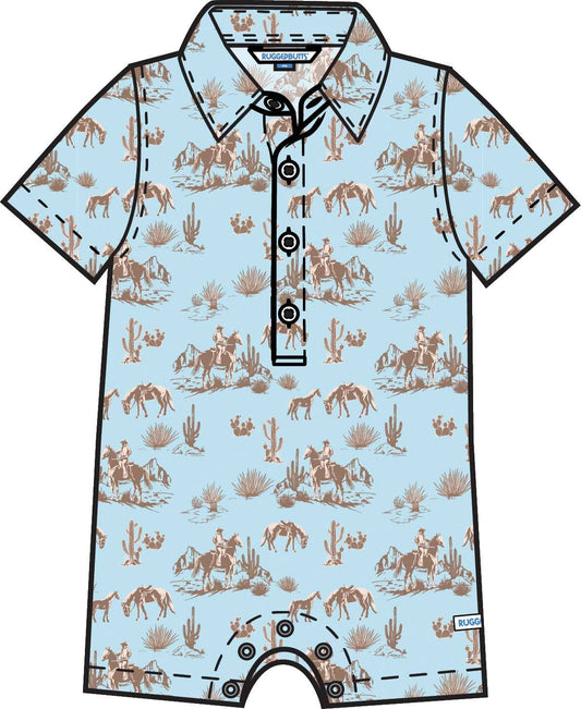 Baby Boys Blue Western Trail Toile Short Sleeve Woven Button-Up Romper