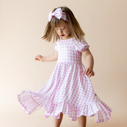 Puff Sleeve Twirl Dress in Gingham Thistle