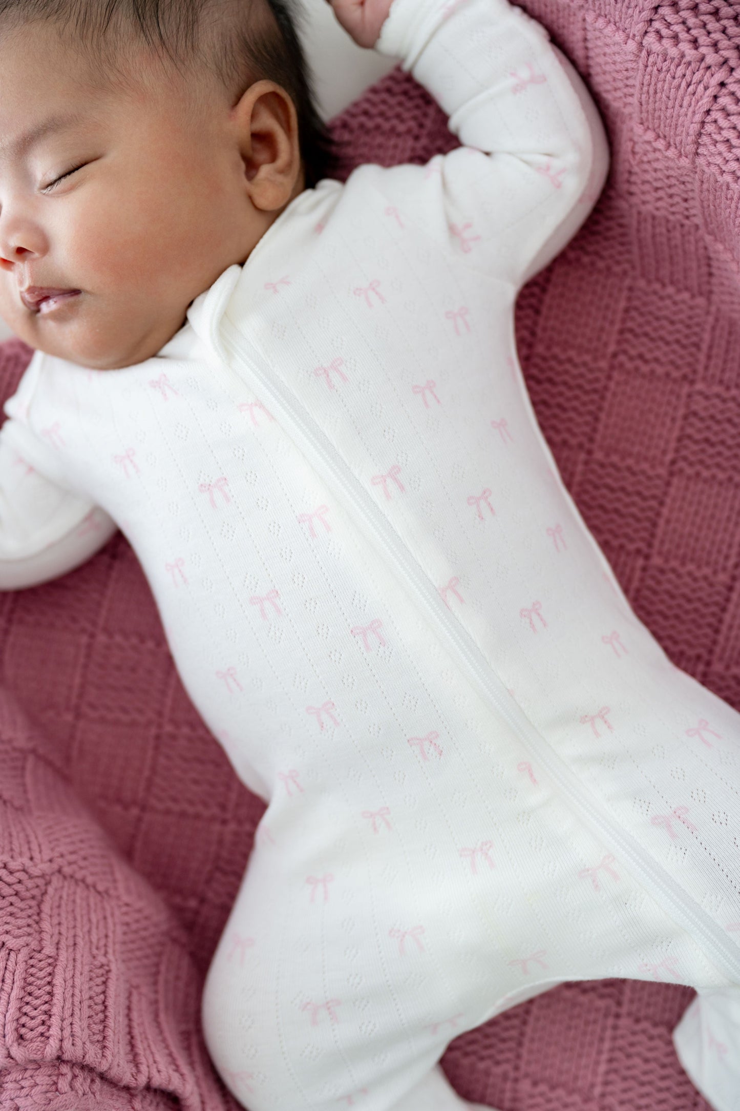 Pointelle Zippered Footie in Sweet Pink Bow