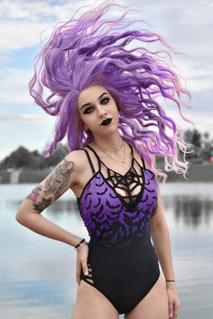 Bats in Purple Sky One Piece Swimsuit [BLACK/PURPLE]