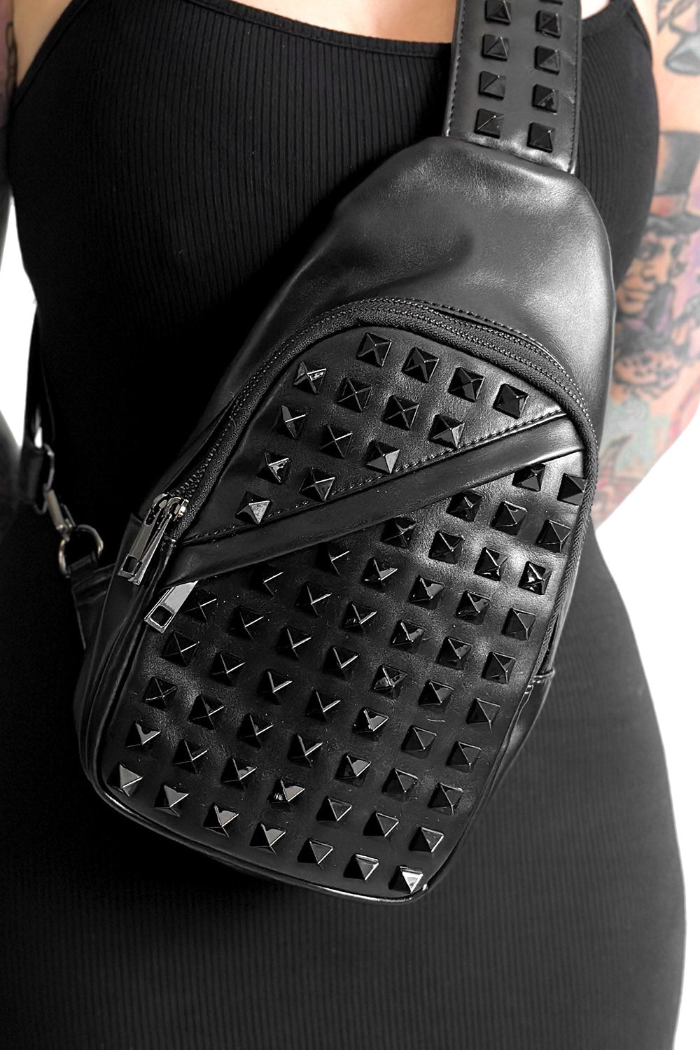 Black on Black Studded Sling Bag