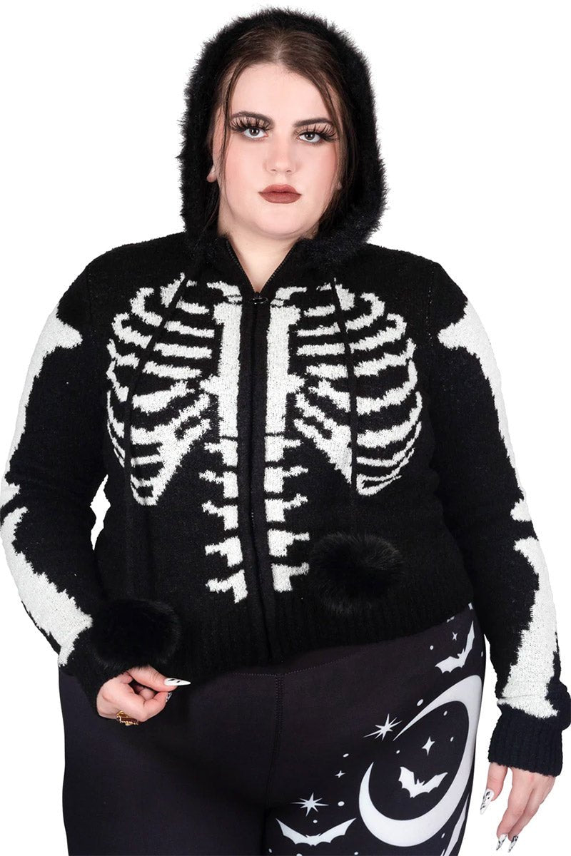 Bony Rib Cage Skeleton Fur Zip Sweater [BLACK/WHITE]