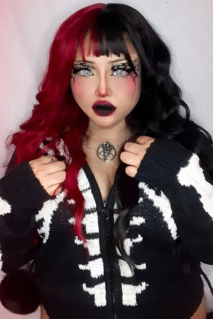Bony Rib Cage Skeleton Fur Zip Sweater [BLACK/WHITE]