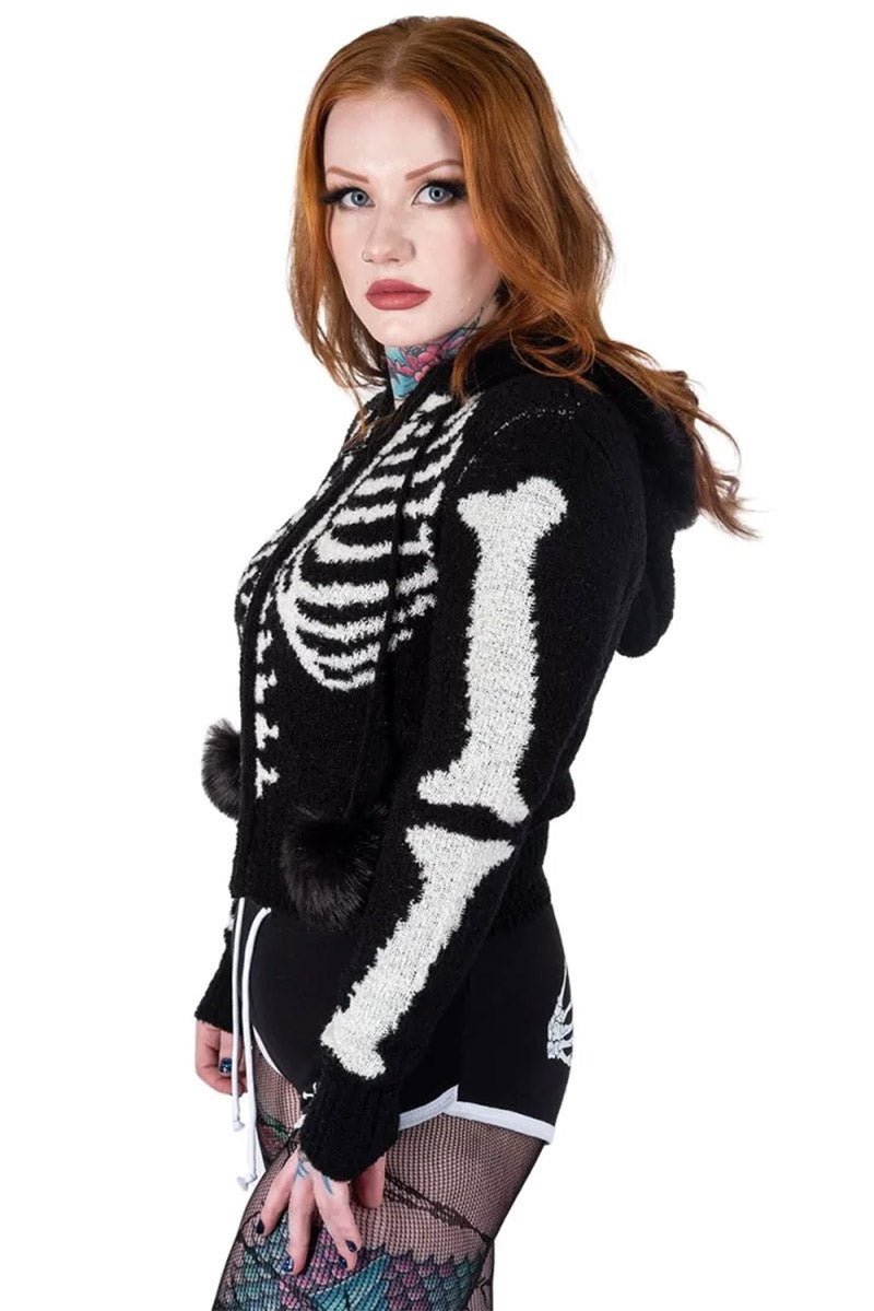 Bony Rib Cage Skeleton Fur Zip Sweater [BLACK/WHITE]